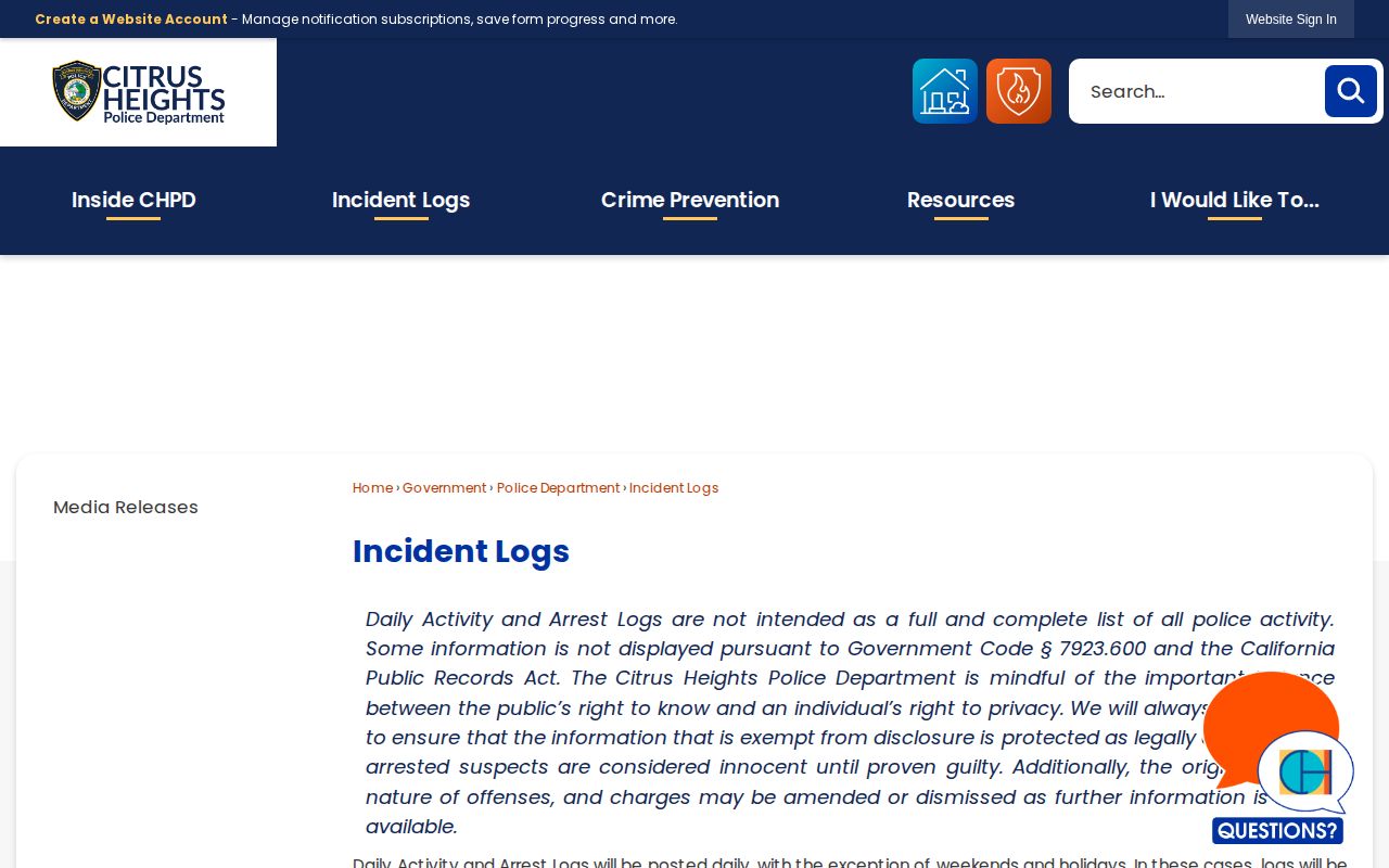 Citrus Heights Sacramento County arrest and incident logs