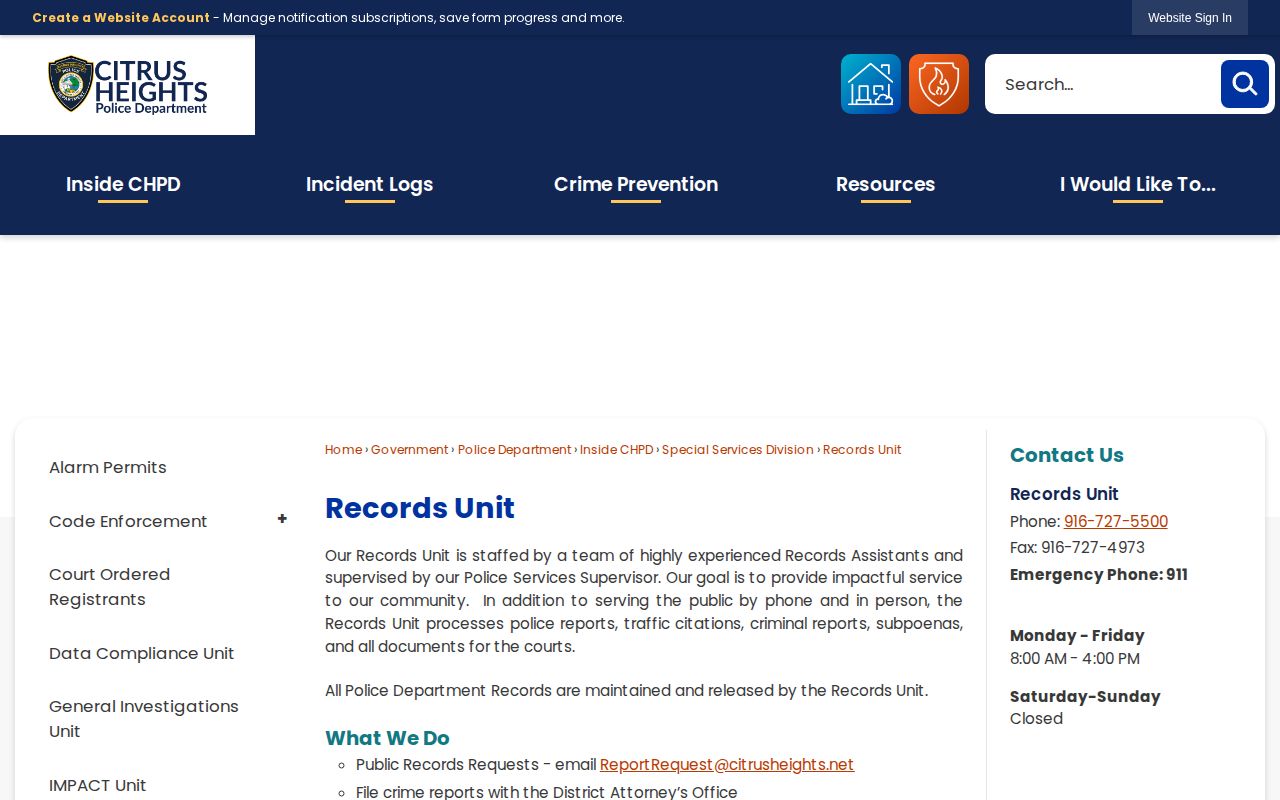 Citrus Heights Police Department Records Unit request information